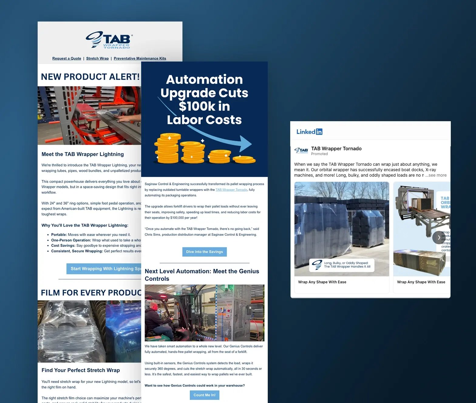 visuals of email newsletters and lindedin ad post