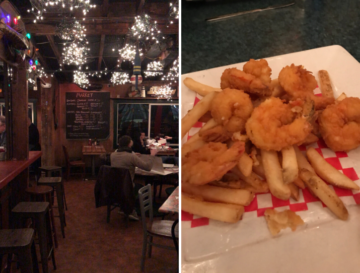 Untitled design (28)Fried shrimp and fries at Barking Crab Boston Interior with woodstove at Barking Crab