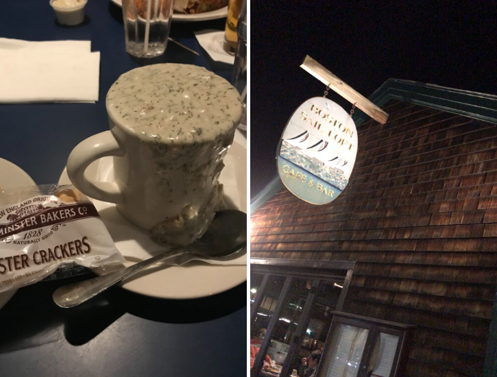 Mug of clam chowder at Boston Sail Loft Exterior at night of Boston Sail Loft