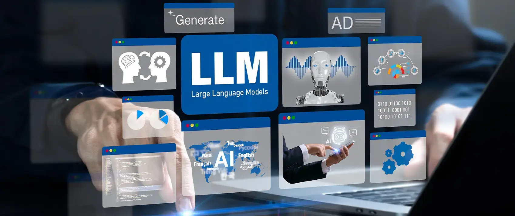 Representation of AI and Large Language Models (LLMs) with graphs, digital tools, and robotics, highlighting AI's role in SEO and technology.