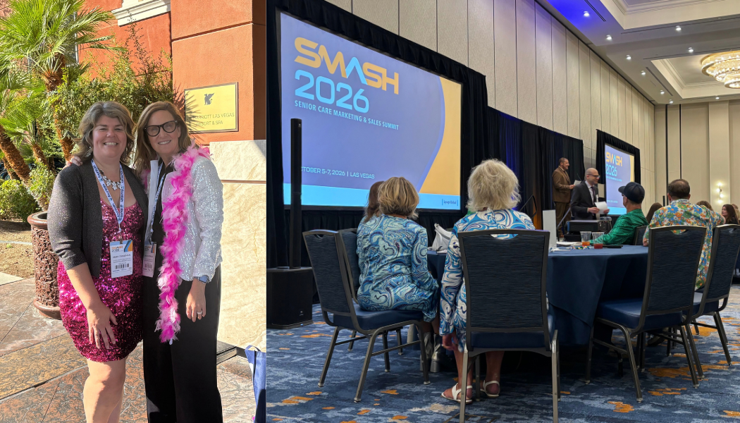 Melissa Smalley and Mary Tangeman of Marketing Essentials at SMASH 2026 along with an image of a Keynote Speaker.