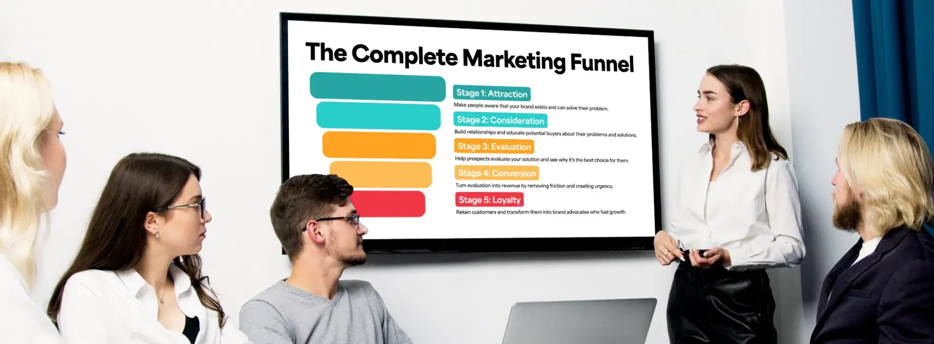 Marketer presenting the marketing funnel to her team