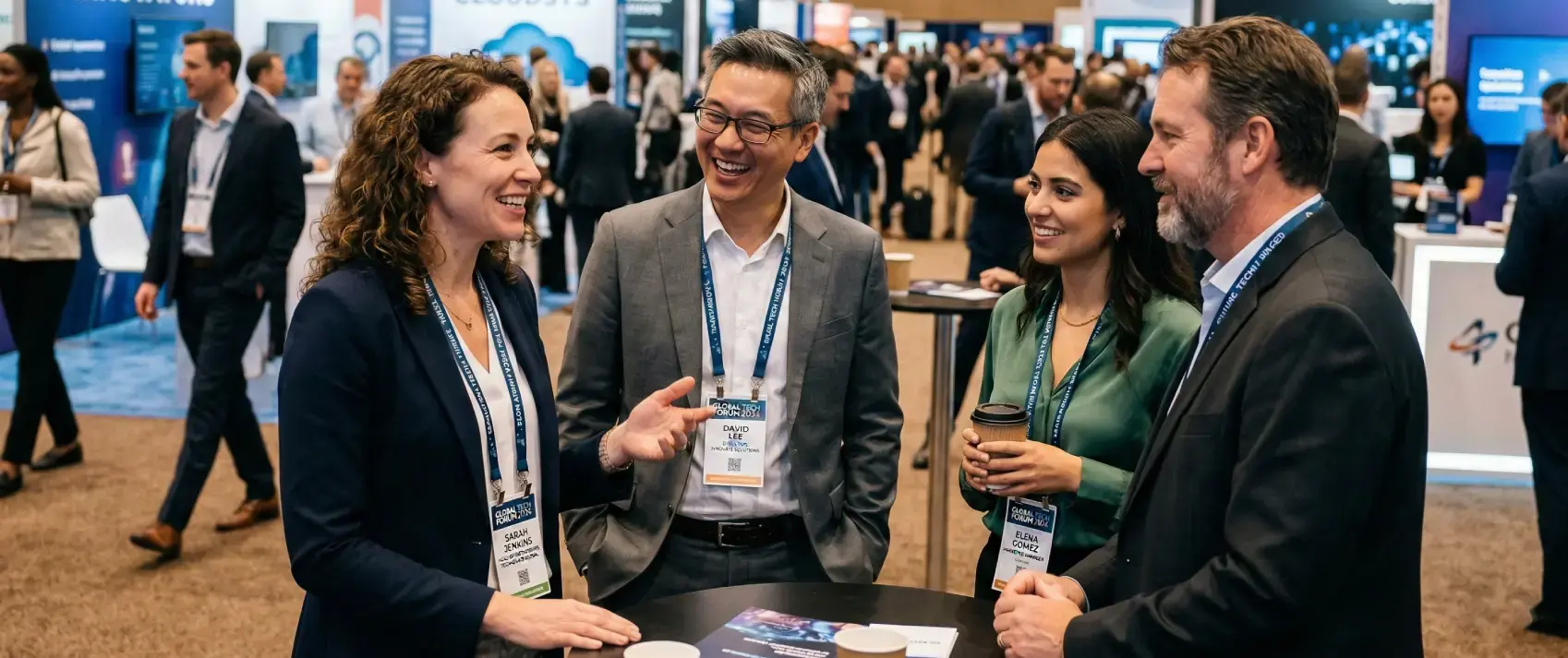 Business professionals network and discuss new ideas at a bustling trade show convention