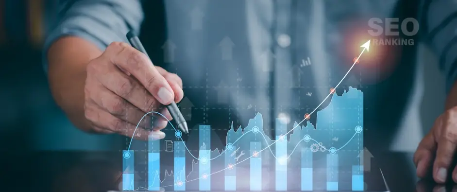 A marketer holds a pen pointing to a graph and shows SEO concepts